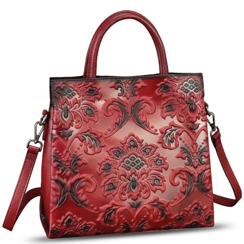 Image of Genuine Leather Satchel for Women Top Handle Handbag Handmade Embossed Vintage Satchel Crossbody Handbags Purse Bag