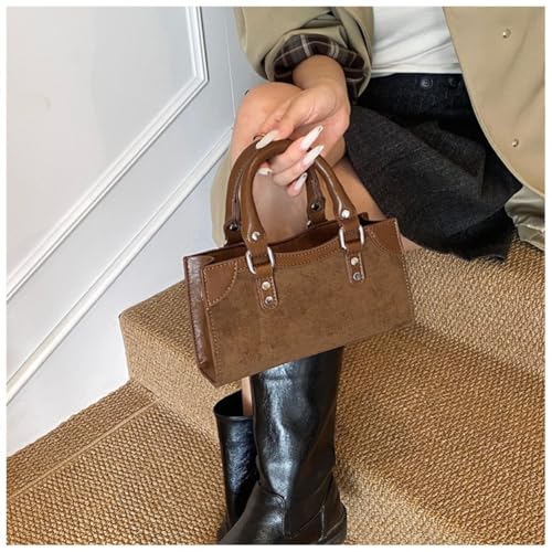 Chic Suede Top Handle Handbag for Women, Mini Soft Leather Shoulder Crossbody Bag, Vintage Style Hobo Riveted Satchel Purse4