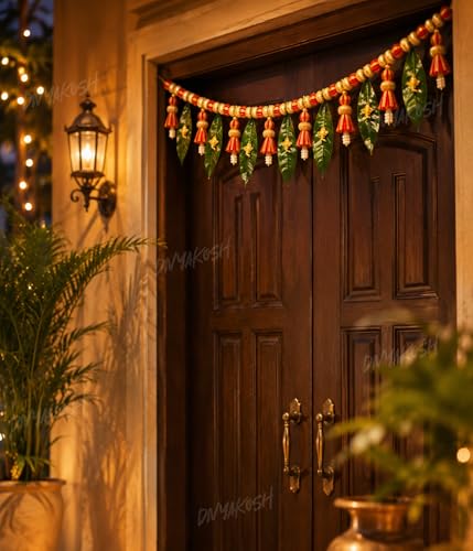 Image of Divyakosh Handmade Door Toran for Main Entrance Door| 38 Inch Indian Festive Bandarwal with Mango Leaves, Golden Ganesha, Pearl Tassels & Red Gold Beads | Decorative Hanging for Diwali, Wedding