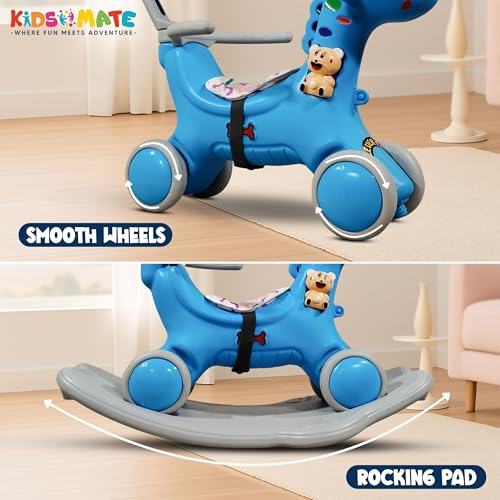 Image of Kidsmate 3-in-1 Push Ride-On and Rocker for Kids 2-5 Years | Ride, Push & Rock Modes | Seat Belt Safety | Non-Toxic & PE Body with Parental Handle | Rocker Horse for Babies (Blue)