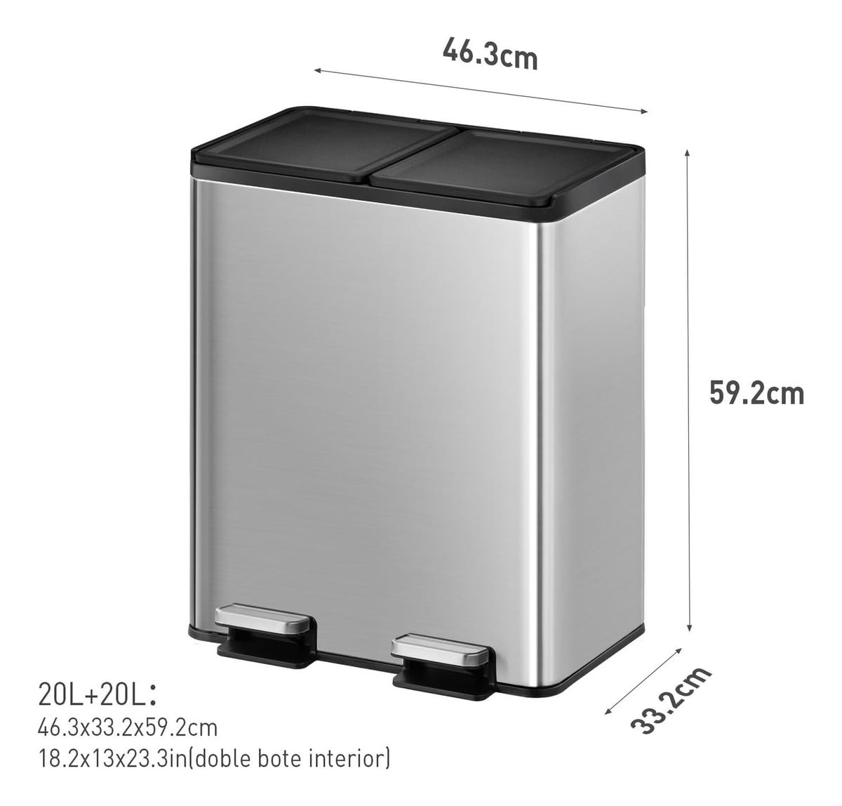 EKO Essential Cubo de Basura Reciclaje Cocina 20 L + 20 L con Pedal