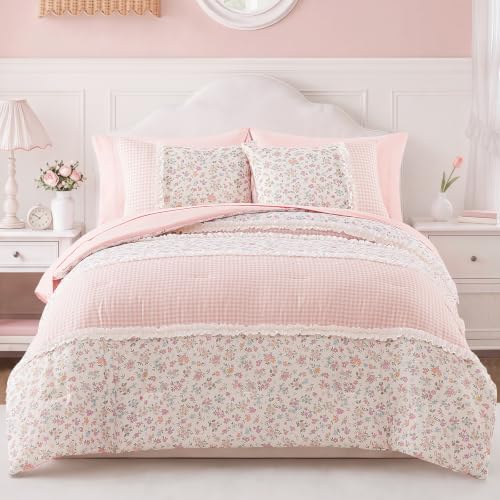 Image of Queen Comforter Set for Girls Floral Ruffle Gingham 7 Pieces Bed in a Bag