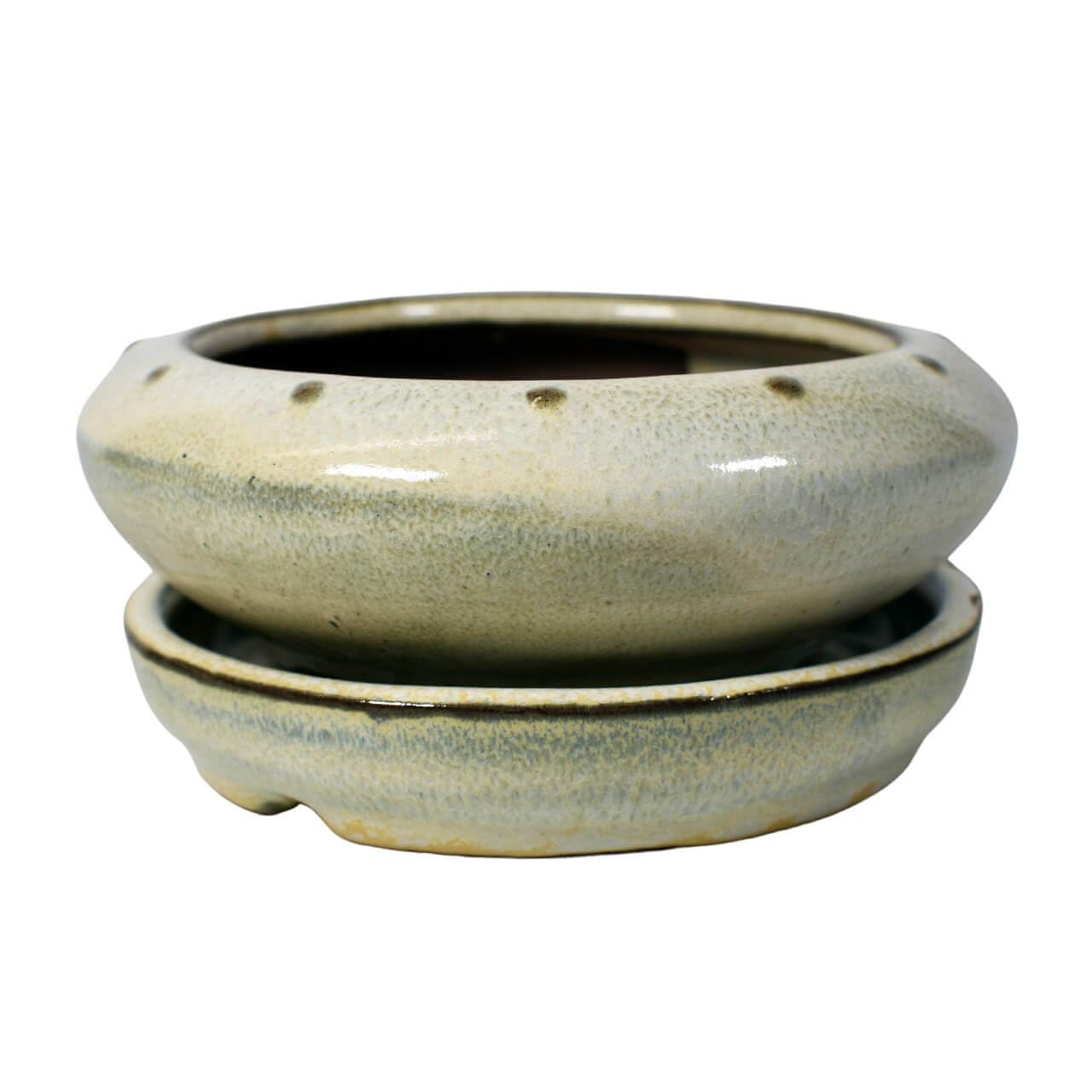 Yugen Bonsai White Ceramic Bonsai Pot - 120 X 120 X 45 - Circular Bonsai Tree Planter | With A Matching Drip Tray