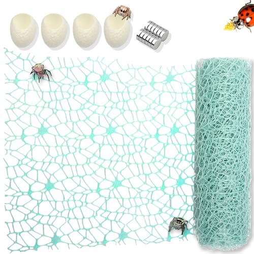 2 Pack Large Size Jumping Spider Netting Enclosure Climbing Toy Habitat Accessories Green Webs with Magnets and Silk Cocoons Nest (9.8 x 177 inches)