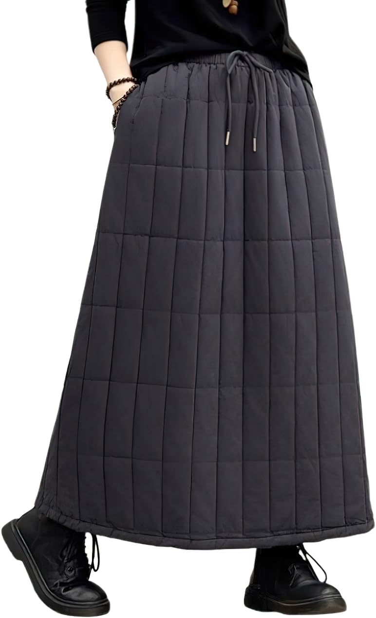 chouyatou Women's Winter Elastic Waist Padded Quilted Midi Long Puffer Insulated Skirt with Pockets