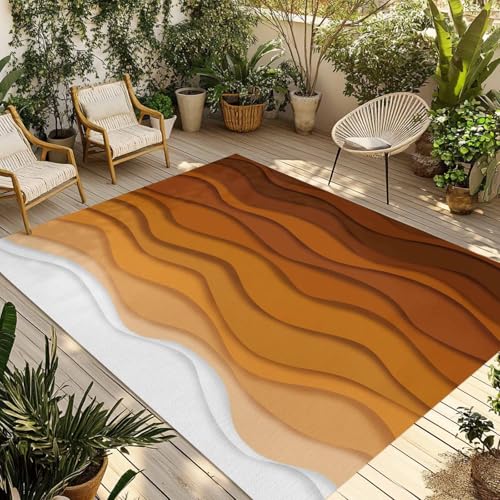 Outdoor Rug for Patio 3'x5',Ocean Waves Gradient Orange Non-Slip Area Rugs Washable Outside Carpet Indoor Rug,Abstract Watercolor Spray Non-Shedding Floor Mats for Porch Living Room Backyard Deck