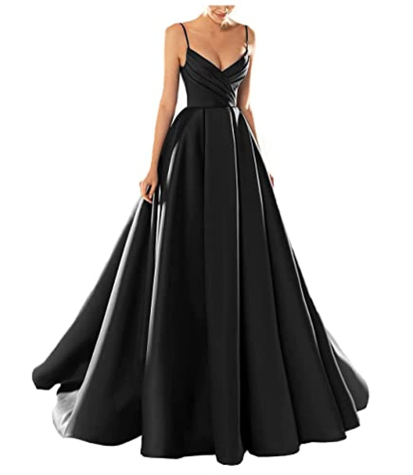 yhfshop Long Bridesmaid Evening Dress,Sexy V-Neck Spaghetti Strap Satin Evening Dress,Black,US8,Prom Bridesmaid Long Dress
