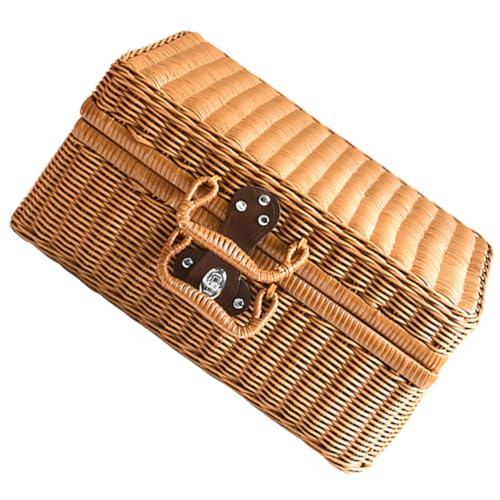 INOOMP Cesta Tejida de Mimbre Cierre, Maleta de Almacenamiento Portátil Forro Retro, Caja Compacta para Organización en Camping, Viajes y Actividades al Aire Libre