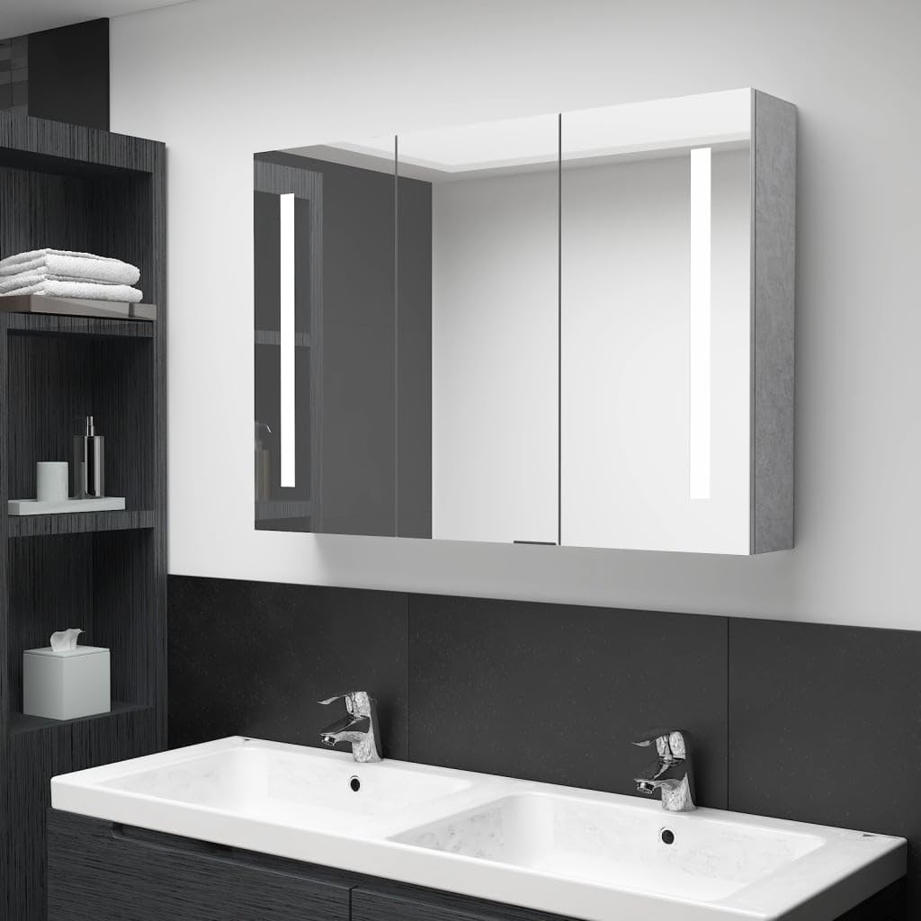 Concrete Gray MDF Bathroom Mirror Cabinet, 3 Doors, LED Lighting, 5 Compartments, Wall Mounted Storage, 35x24.4x5.5 Inch, Melamine Finish
