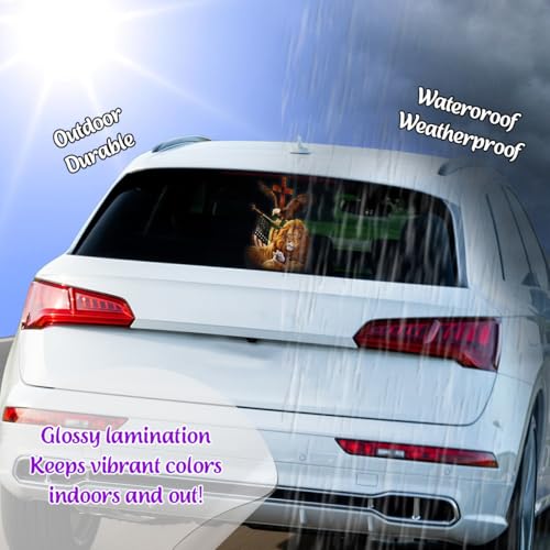 Image of Premium Lion Family Car Sticker with Jesus Cross & Eagle Holding American Flag - Durable & Waterproof Vinyl Decal for Car Window - Christian Gift for Jesus Believers - 9 x 6 Inches