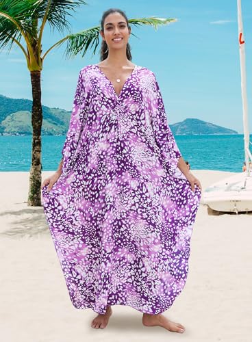 Image of Yanziliu Kaftan Dress for Women,Plus Size Hawaiian Batwing Sleeve Beach Cover Up Summer Swimsuit Dresses