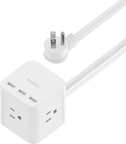 Belkin Cubo de alimentación de 6 tomas con 3 salidas de CA, 3 puertos USB-A y cable de extensión resistente de 5 pies, práctico cubo compacto para