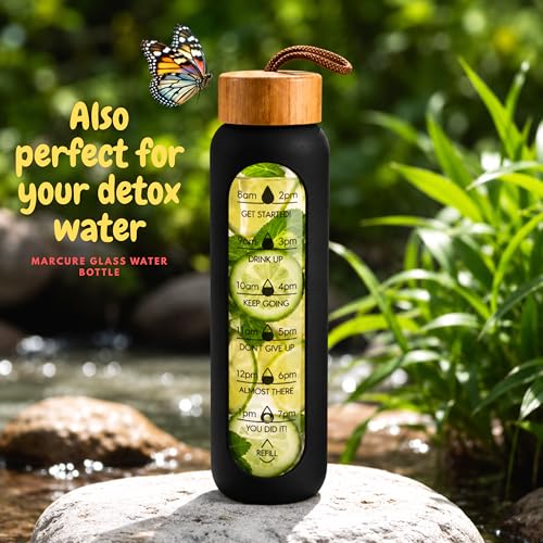 Image of Borosilicate Glass Water Bottle with Silicone Sleeve | Natural Bamboo lid | perfect for Home, Fridge, Office, Gym, Travel | BPA Free | Black