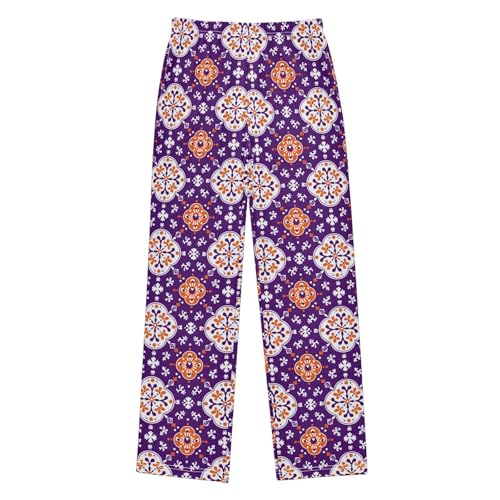 Pajama Pants Orange Purple Floral Tiles PJ Bottoms Sleepwear Lounge Sleep Pant with Pockets