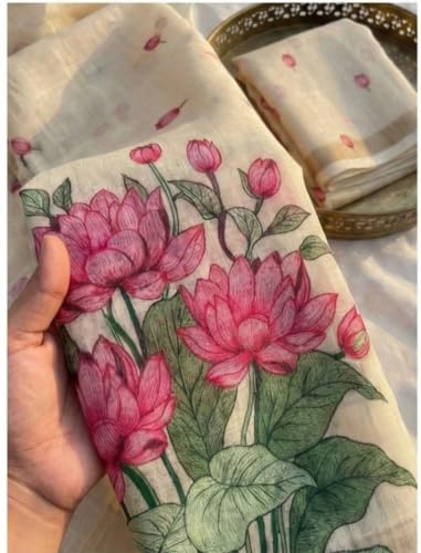 Image of Women's Linen Cotton Blend Saree Multicolor Ikat Brush Print Scalloped Border with Floral Print Unstitched Blouse Piece