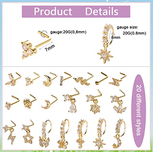 SAMOCO 20Pcs 20G Dangle Nose Ring L Shaped Dangling Nose Stud for Women Stainless Steel Nose Ring Studs CZ Flower Dangle Nose Rings Hoops Nose Piercing Jewelry3