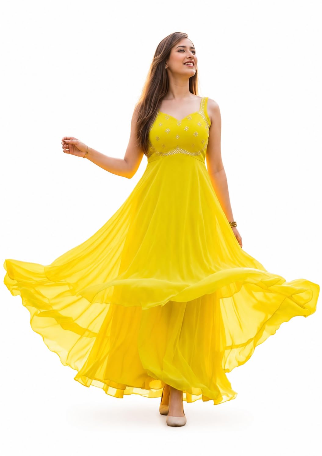 Style With Sneh Women's Yellow Georgette Palazzo Set | Mirror Lace Work Parti Wear Ethnic Co-Ord Set for Women | Sleeveless Flared Palazzo Suit Set-image-47
