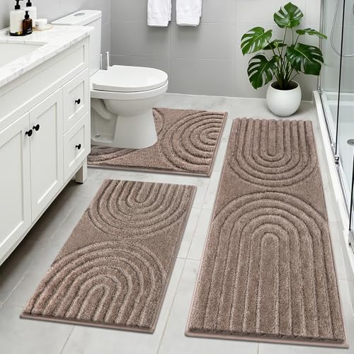 HEBE Bathroom Rugs Set 3 Piece, Non Slip Washable Microfiber Bath Mats Set | Super Soft Absorbent Bathroom Mat Set, Plush Cozy Bath Rug Carpet with U-Shaped Toilet Mat Set for Tub, Shower, C