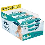 Pampers 99% Water Chusteczki Nawilżane Dla Dzieci, 9 Opakowania po 60 Chusteczek = 540 szt., Lekki Balsam Składający Się W 99% Z Wody