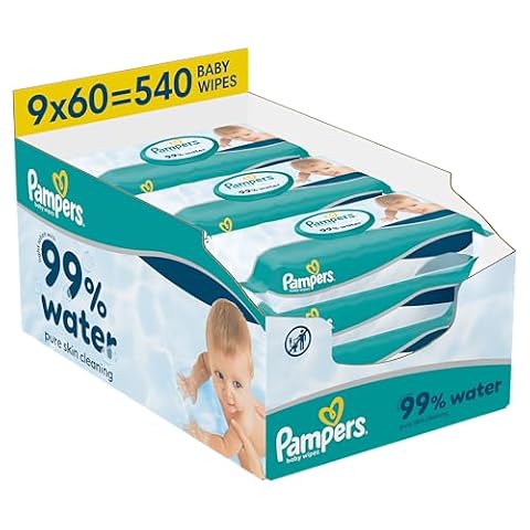 Pampers 99% Water Chusteczki Nawilżane Dla Dzieci, 9 Opakowania po 60 Chusteczek = 540 szt., Lekki Balsam Składający Się W 99% Z Wody