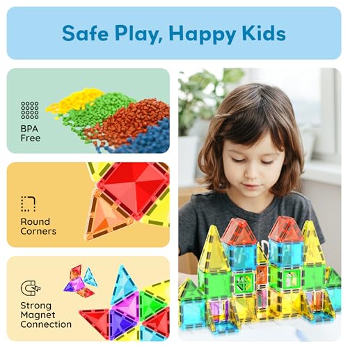Image of PicassoTiles Magnet Tile Building Blocks 48 Piece Travel Sized Playset with Windows and Clip-on Doors Construction Stacking Magnetic Tiles Block Learning Educational STEM Toy Boys Girls Age 3+ PTM48