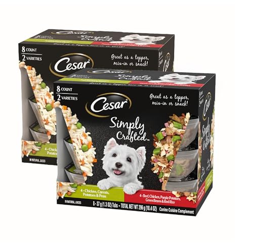 Image of Cesar Simply Crafted Wet Dog Food Toppers for Dry Food, Chicken, Carrots, Potatoes & Peas and Beef, Chicken, Purple Potatoes, Green Beans & Red Rice Variety Pack, 1.3 oz. Tubs, 8 Count (Pack of 2)