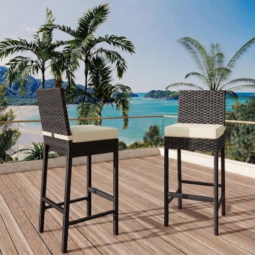 Outdoor Wicker Bar Stools Set of 2,Patio Rattan Barstools for Backyard