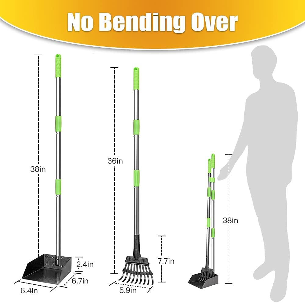TOOGE Pooper Scooper, Dog Pooper Scooper Long Handle Stainless Metal Tray and Rake Set for Medium Small Dogs Heavy Duty (Green) : Pet Supplies