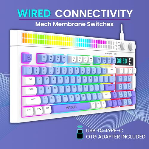 Image of Ant Esports MK1900 RGB Wired Gaming Keyboard with Volume Knob & Alarm Clock, 93 Keys + 6 Macro Keys, Mechanical Feel Membrane, DIY Backlit Effects, Compatible Windows /Mac /Linux - White /Purple /Blue