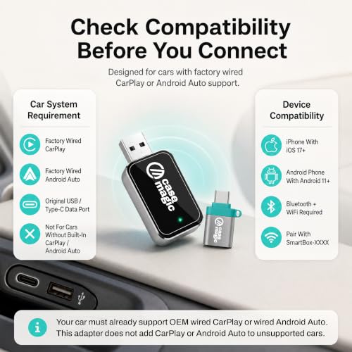 Image of CaseMagic 2-in-1 Wireless CarPlay & Android Auto Adapter - Converts Wired to Wireless | Plug & Play, Bluetooth 5.0 + 5GHz WiFi, USB-A & Type-C | Hyundai, Maruti, Kia, Honda | OEM Wired Cars Only