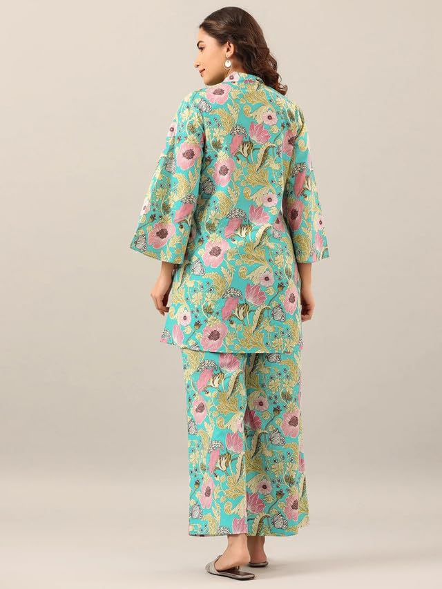 Selvia Women's Bell Sleeve Poly Rayon Henley Neck 2 Piece Co-Ords Set (569Tk622N-Xl_Light Turquoise & Pink)