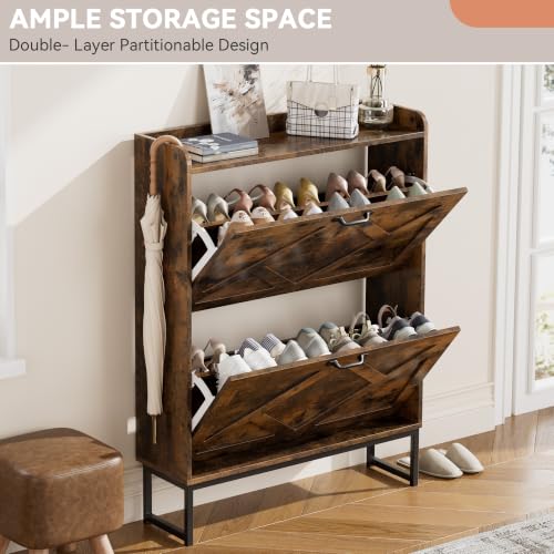 Image of Nicetree Shoe Storage Cabinet with 2 Flip Drawers, Freestanding Wood Shoe Organizer with Metal Legs, Farmhouse Slim Shoe Rack for Entryway, Foyer, Hallway, Rustic Brown