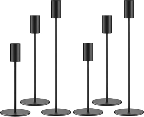 Juego de 6 portavelas cónicos negros, portavelas de metal negro, portavelas alto, se adapta a velas LED y velas LED de 34 pulgadas de grosor, para