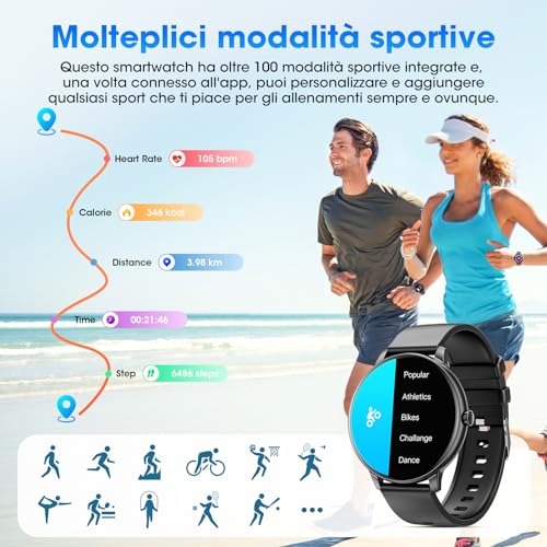 Smartwatch Uomo Donna Chiamate Bluetooth e Risposta Vivavoce, 1.39" Orologio Sport Fitness Tracker Cardiofrequenzimetro, Contapassi, Monitoraggio del Sonno, Smart Watch Compatible con Android iOS