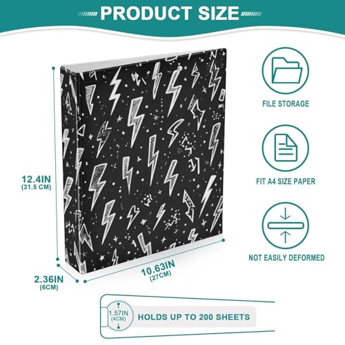 Image of Caikeny 3 Ring Binder Lightning Bolts Black 1.5 Inch Binders Round Ring Clipboard with 2 Pockets for Office Supplies