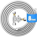 Refrigerator Water Line Kit - 8FT Stainless Steel Braided Ice Maker Water Line with Tee Stop Valve,Foodgrade PEX Inner Hose Fridge Water Line with 1/4" Comp Fitting and Tee Valve