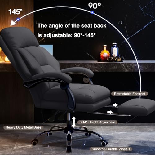 Image of Office Chair with Retractable Footrest Comfortable Executive Desk Chair, Heavy-Duty Ergonomic Leather Chair, Adjustable Height Computer Gaming Chairs for Home Office
