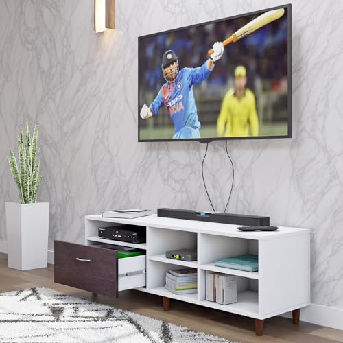 Image of VIKI Modern TV Unit for Living Room | Engineered Wood TV Cabinet with 1 Drawer Storage & 3 Open Shelves, Entertainment Unit, 140W x 48H x 40D cm | DIY | 1 Year Warranty (White & Wenge)