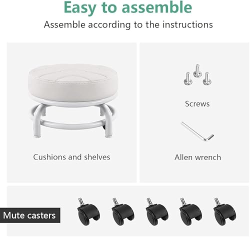 Miniatura 7 de FURWOO Asiento de rodillo bajo de cuero PU Taburete con ruedas Taburete mecánico con ruedas para oficina en casa garaje tienda blanco