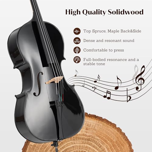 Poseidon Cello 4/4 Full Size, Solid Wood Acoustic Cello with Portable Cello Case, Bow, Cello Bridge, Rosin, Cello 4/4 Strings Set for Students & Adult Beginner String Instruments - Matt Black Varnish - Thumbnail 5