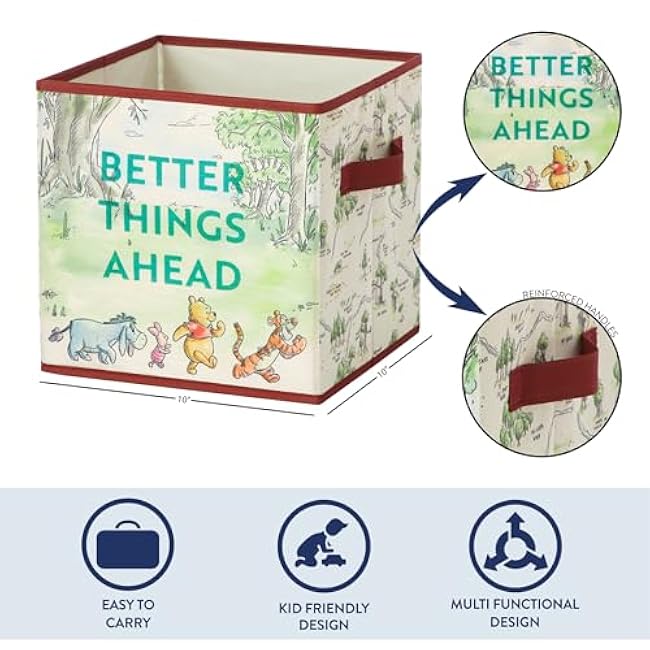 Idea Nuova Disney Winnie the Pooh Storage Cubes,Set of 2 Durable Fabric Bins with Handles, 10x10x10, Collapsible Organizers for Kids' Room, Nursery & Closet