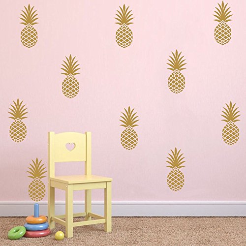 Pineapple Wall Decal Large 12 Set Pineapples Sticker/Home Decor Nursery Kids Bedroom Vinyl Wall Decal Mural (8"H X 3.5"W/Each) (Gold) #TOP7