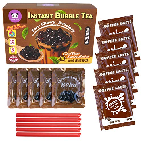 BOBA LOVE Instant Bubble Milk Tea Kit w/ Brown Sugar Boba Pearls | Ready in 45 Seconds | Premium Boba Tea Gift Set w/ Tapioca Pearls | 5 Servings (Coffee)