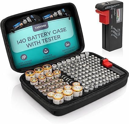Tanness 140 Battery Case with Battery Tester | Organiser Storage Case Bag - Large Capacity for AAA Batteries, AA Batteries, 9V Battery Flat, C and D Size Battery (Batteries Not Included)