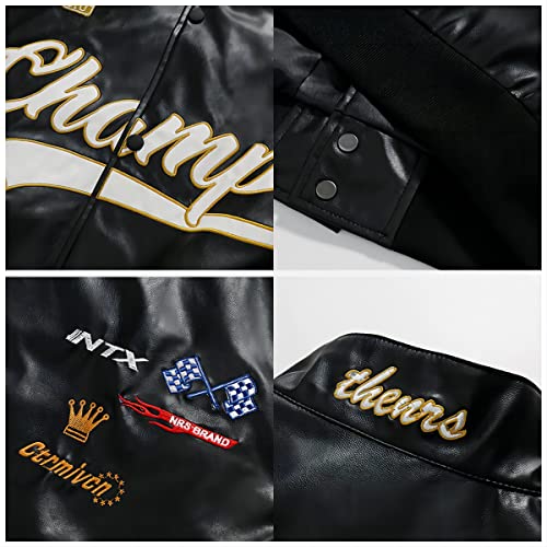 Image of Aelfric Eden Letter-Embroidered Racing Jacket Mens Cool PU Jackets Button Closure Coats