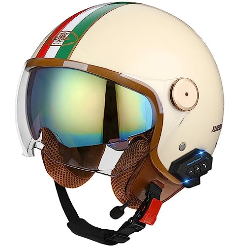 Bluetooth Moto Casco Demi Jet Cascos Half Helmet Casco Moto Jet con Doble Visera ECE Homologado Casco Abierto de la Motocicleta Casco para Adultos Hombres Mujeres K,L
