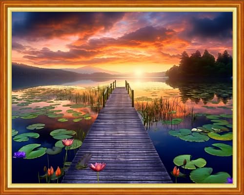 Image of Dimensean Stamped Cross Stitch Kits Full Range of Embroidery Patterns Starter Kits for Beginners Adult DIY Cross Stitches Needlepoint Kits 11CT-Lotus by the Lake 16x20 inch