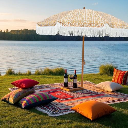 Image of AMMSUN 7ft Patio Umbrella with Fringe Outdoor Tassel Umbrella UPF50+ Premium Steel Pole and Ribs Push Button Tilt, Retro Bohemian