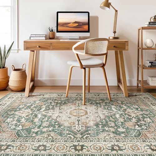 7x9 Area Rug Living Room: Machine Washable Boho Large Vintage Soft Rugs Stain Resistant Farmhouse Oriental Non Slip Indoor Floor Carpet for Bedroom Nursery Kids Playroom Office Dining Room- Green