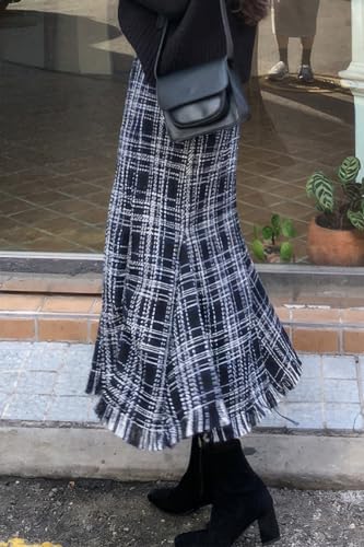 ebossy Women's Casual Plaid Tweed Long Skirt Fall Winter Wool High Waist A-Line Fringed Fishtail Skirt3